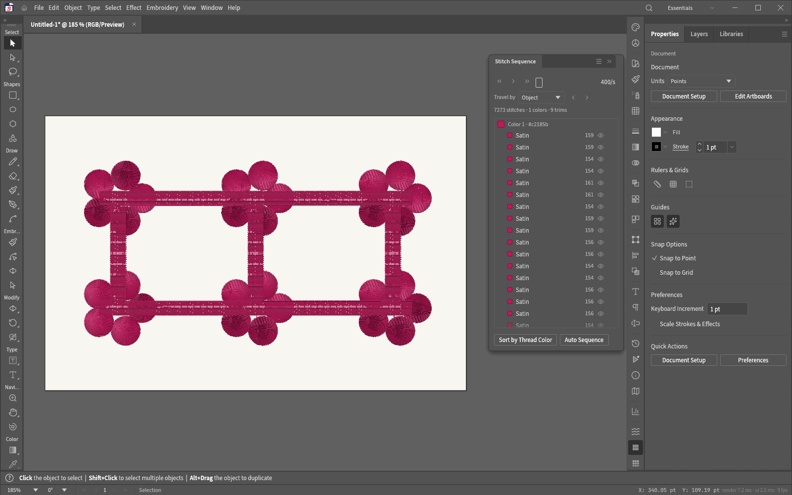 StitchFoundry on a computer: a satin-stitch flower frame on screen, with the Stitch Sequence panel listing its stitches