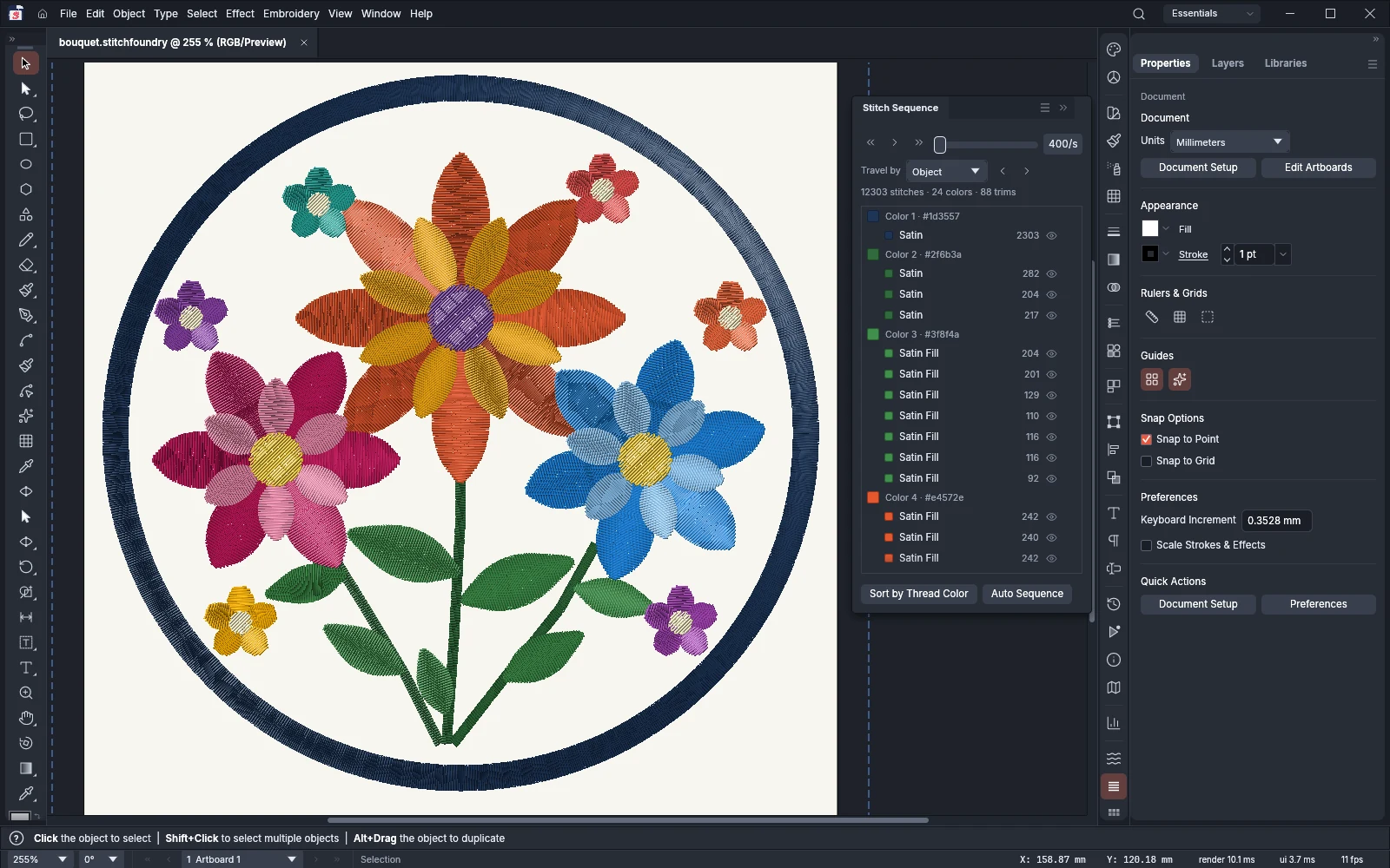 StitchFoundry on a computer: a bouquet of satin-stitch flowers in a navy ring, shown thread by thread, with the Stitch Sequence panel listing its 24 thread colours